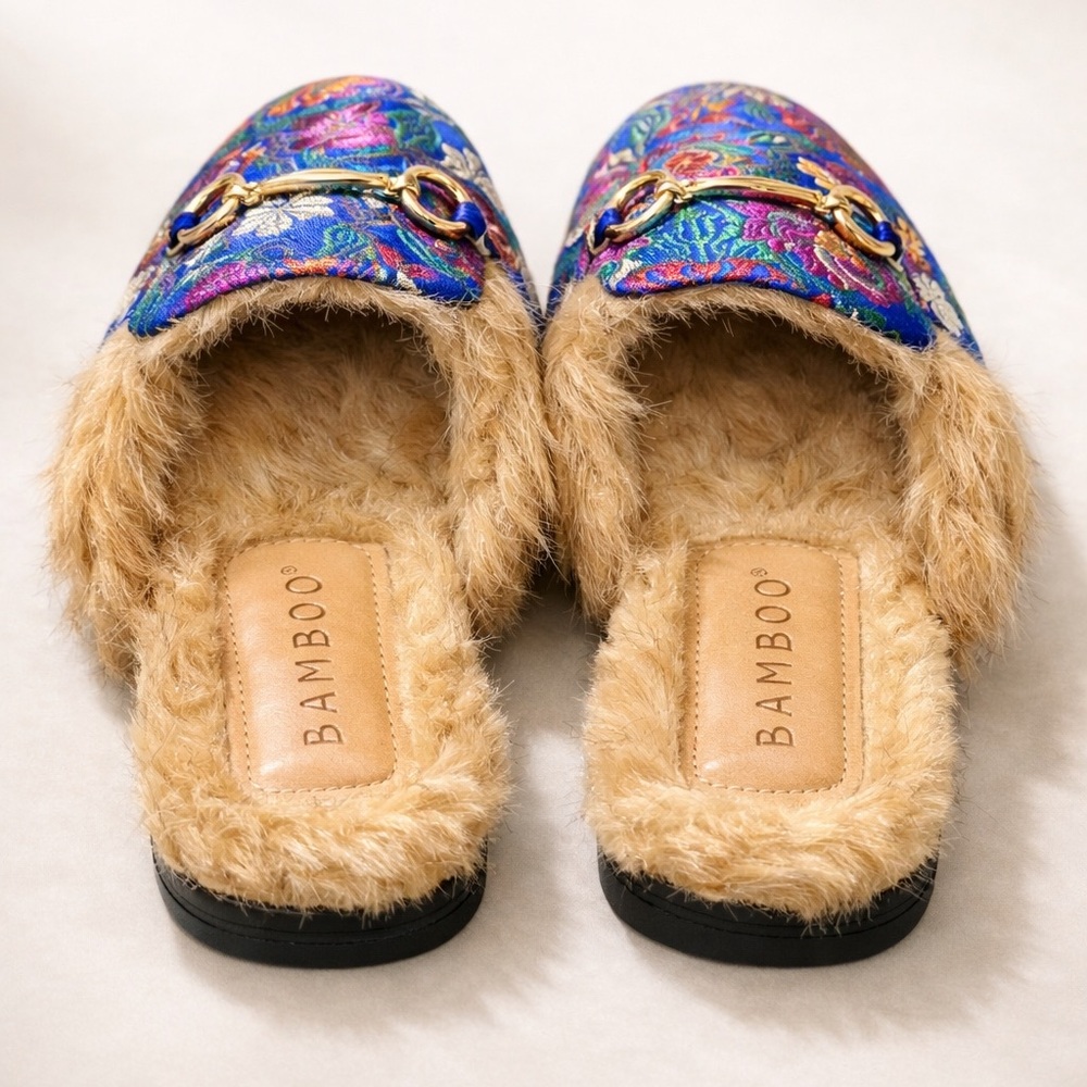 BAMBOO Multicolor Floral Jacquard Faux-Fur Mules with Gold Bit